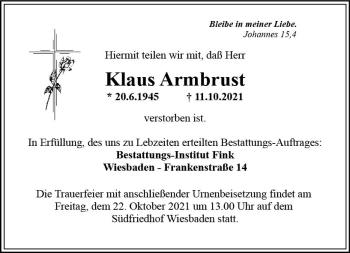 Traueranzeige von Klaus Armbrust von vrm-trauer