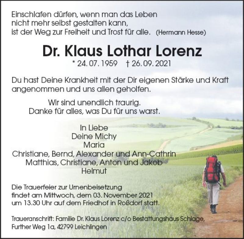  Traueranzeige für Klaus Lothar Lorenz vom 30.10.2021 aus vrm-trauer