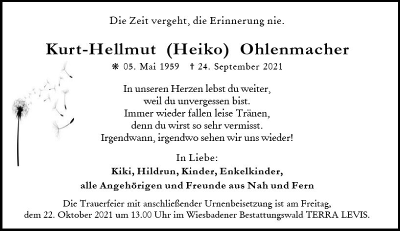  Traueranzeige für Kurt-Hellmut Ohlenmacher vom 16.10.2021 aus vrm-trauer