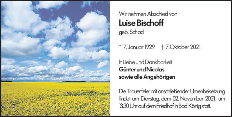  Traueranzeige für Luise Bischoff vom 23.10.2021 aus vrm-trauer