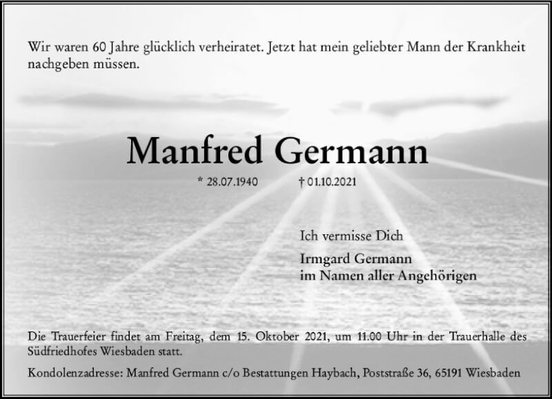  Traueranzeige für Manfred Germann vom 09.10.2021 aus vrm-trauer