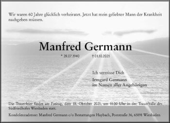 Traueranzeige von Manfred Germann von vrm-trauer