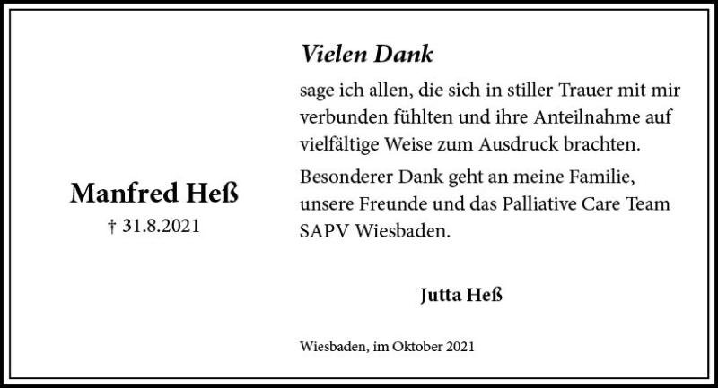  Traueranzeige für Manfred Heß vom 02.10.2021 aus vrm-trauer