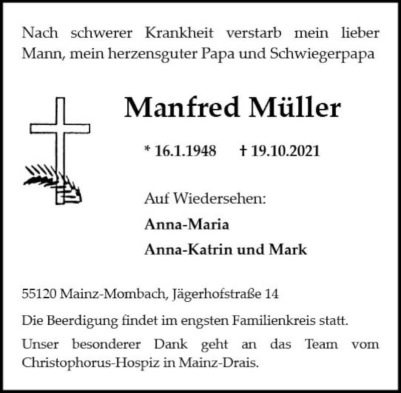  Traueranzeige für Manfred Müller vom 23.10.2021 aus vrm-trauer