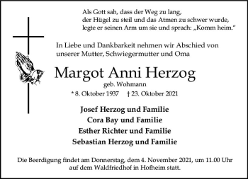 Traueranzeige von Margot Anni Herzog von vrm-trauer