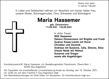 Traueranzeige von Maria Hassemer von vrm-trauer