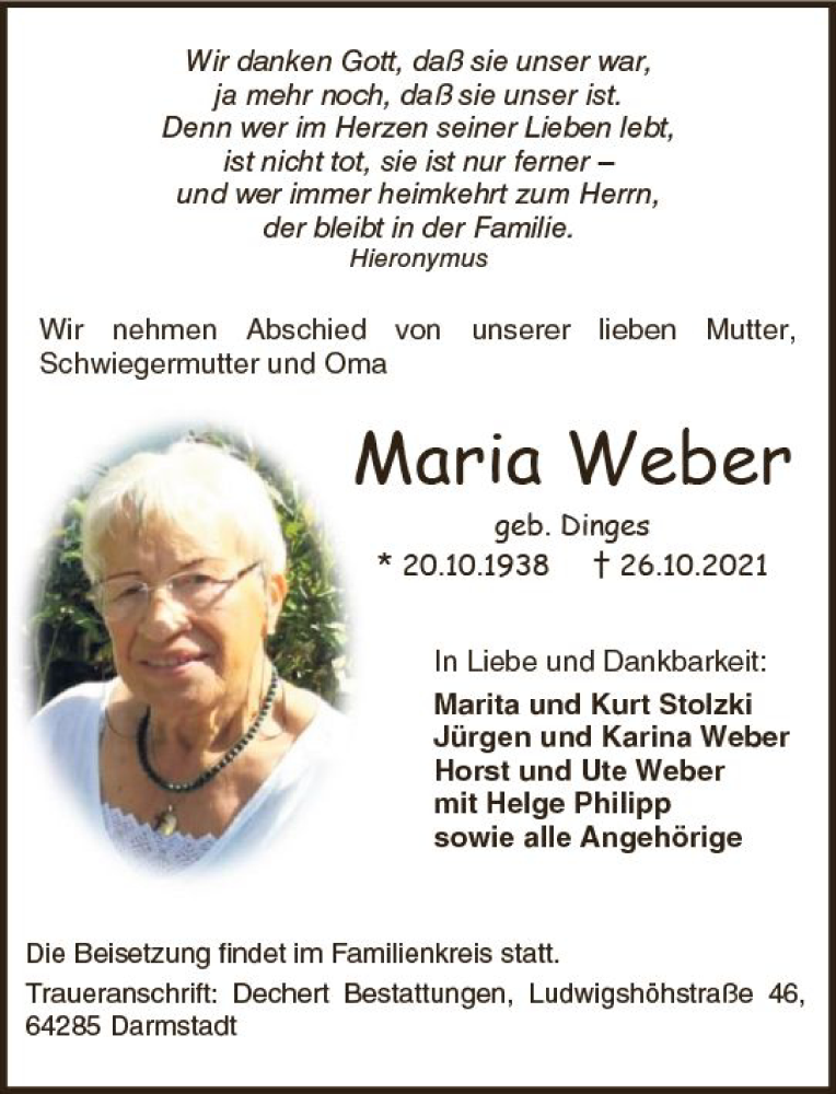  Traueranzeige für Maria Weber vom 30.10.2021 aus vrm-trauer