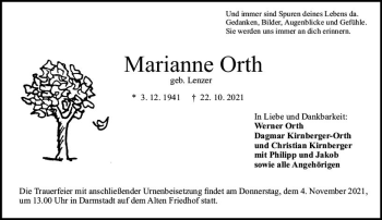 Traueranzeige von Marianne Orth von vrm-trauer
