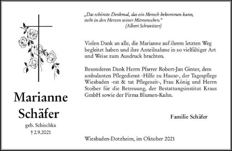  Traueranzeige für Marianne Schäfer vom 09.10.2021 aus vrm-trauer