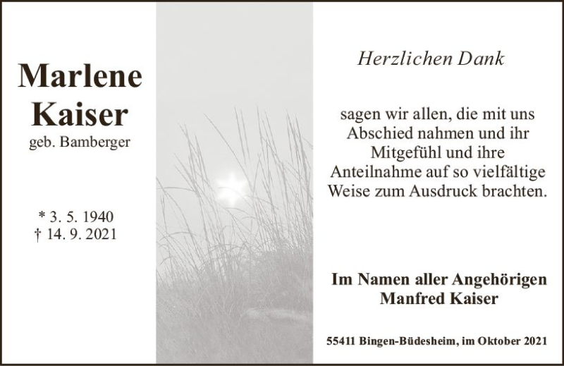  Traueranzeige für Marlene Kaiser vom 16.10.2021 aus vrm-trauer