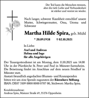 Traueranzeige von Martha Hilde Spira von vrm-trauer