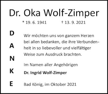 Traueranzeige von Oka Wolf-Zimper von vrm-trauer