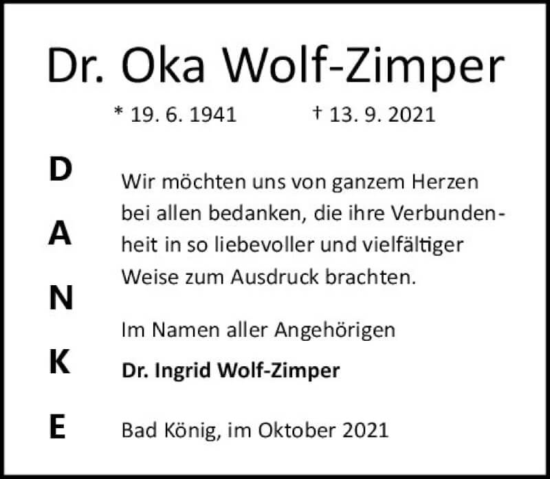  Traueranzeige für Oka Wolf-Zimper vom 23.10.2021 aus vrm-trauer