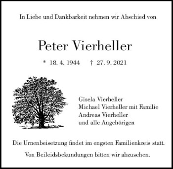 Traueranzeige von Peter Vierheller von vrm-trauer
