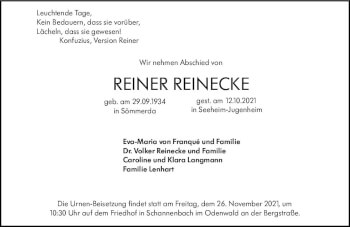 Traueranzeige von Reiner Reinecke von vrm-trauer
