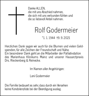 Traueranzeige von Rolf Godermeier von vrm-trauer