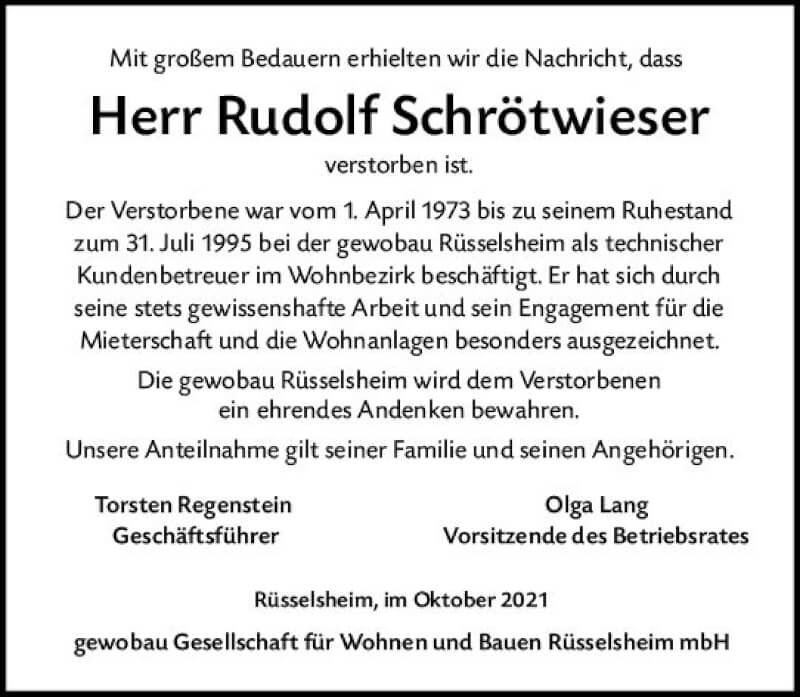  Traueranzeige für Rudolf Schrötwieser vom 23.10.2021 aus vrm-trauer