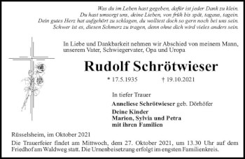 Traueranzeige von Rudolf Schrötwieser von vrm-trauer