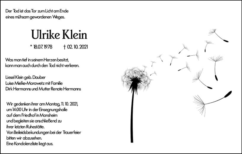  Traueranzeige für Ulrike Klein vom 07.10.2021 aus vrm-trauer