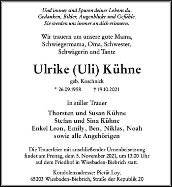 Traueranzeige von Ulrike  Kühne von vrm-trauer