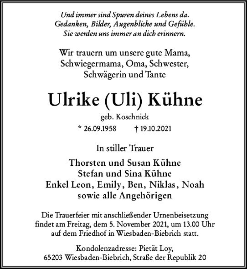  Traueranzeige für Ulrike  Kühne vom 30.10.2021 aus vrm-trauer