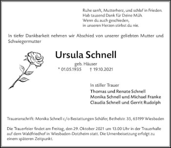 Traueranzeige von Ursula Schnell von vrm-trauer