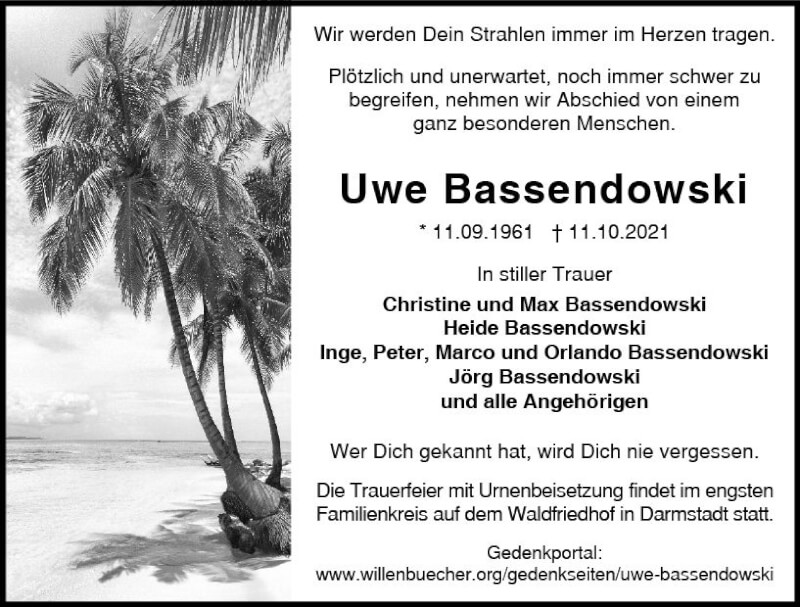  Traueranzeige für Uwe Bassendowski vom 23.10.2021 aus vrm-trauer