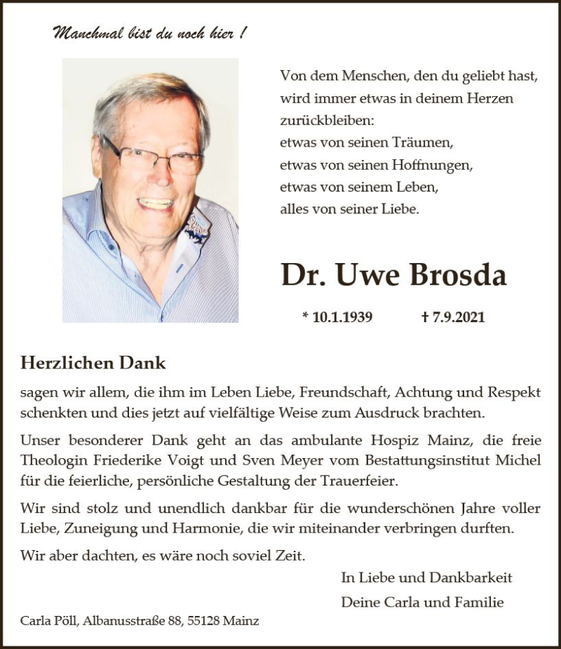  Traueranzeige für Uwe Brosda vom 16.10.2021 aus vrm-trauer