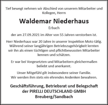 Traueranzeige von Waldemar Niederhaus von vrm-trauer