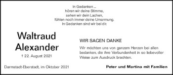 Traueranzeige von Waltraud Alexander von vrm-trauer