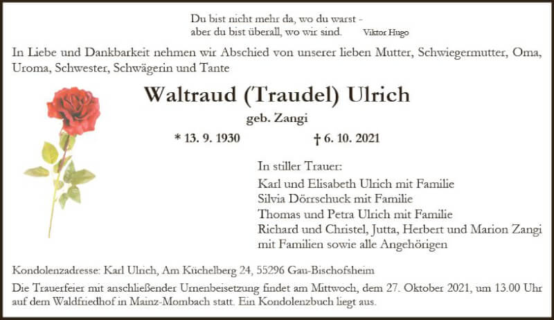  Traueranzeige für Waltraud Ulrich vom 23.10.2021 aus vrm-trauer