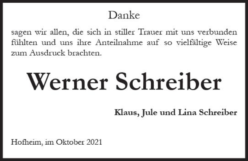  Traueranzeige für Werner Schreiber vom 29.10.2021 aus vrm-trauer