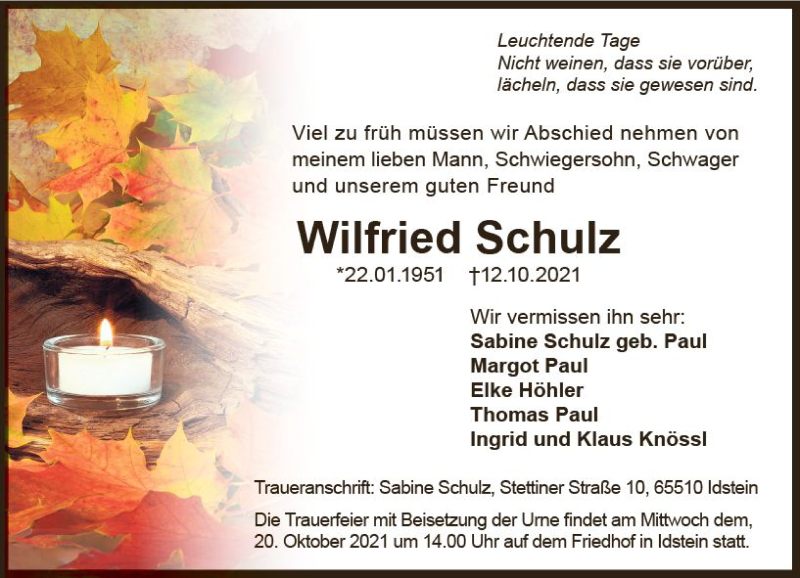  Traueranzeige für Wilfried Schulz vom 16.10.2021 aus vrm-trauer
