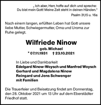 Traueranzeige von Wilfriede Ninow von vrm-trauer