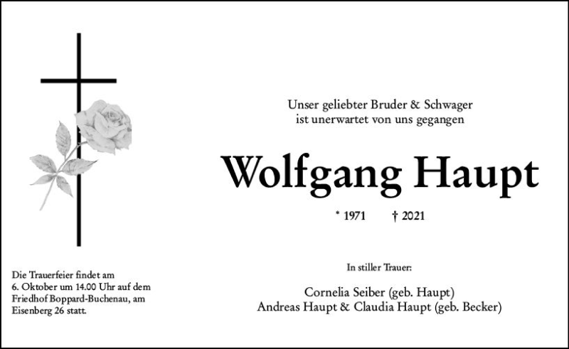  Traueranzeige für Wolfgang Haupt vom 02.10.2021 aus vrm-trauer