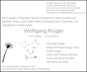 Traueranzeige von Wolfgang Krüger von vrm-trauer