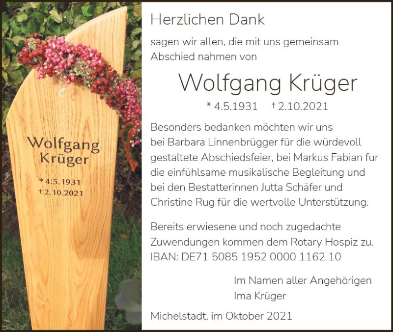  Traueranzeige für Wolfgang Krüger vom 30.10.2021 aus vrm-trauer