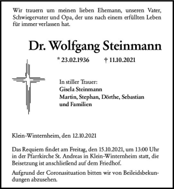 Traueranzeige von Wolfgang Steinmann von vrm-trauer