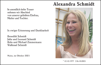 Traueranzeige von Alexandra Schmidt von VRM Tageszeitungen
