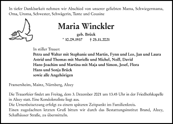 Traueranzeige von Maria Winckler von VRM Tageszeitungen