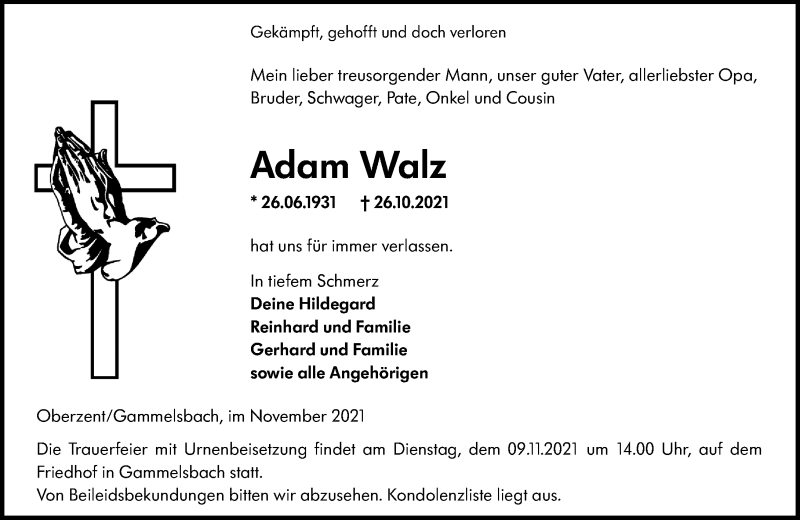  Traueranzeige für Adam Walz vom 06.11.2021 aus vrm-trauer
