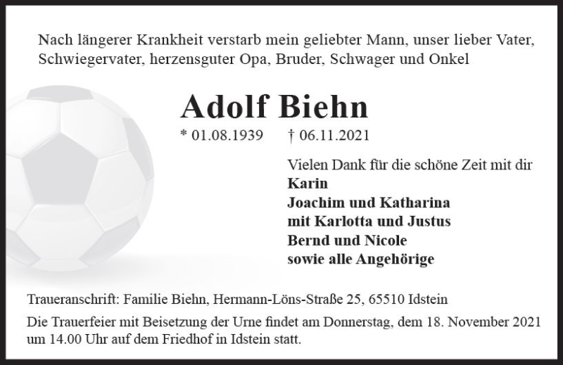  Traueranzeige für Adolf Biehn vom 13.11.2021 aus vrm-trauer