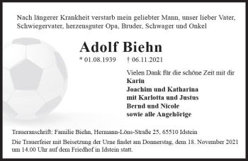 Traueranzeige von Adolf Biehn von vrm-trauer