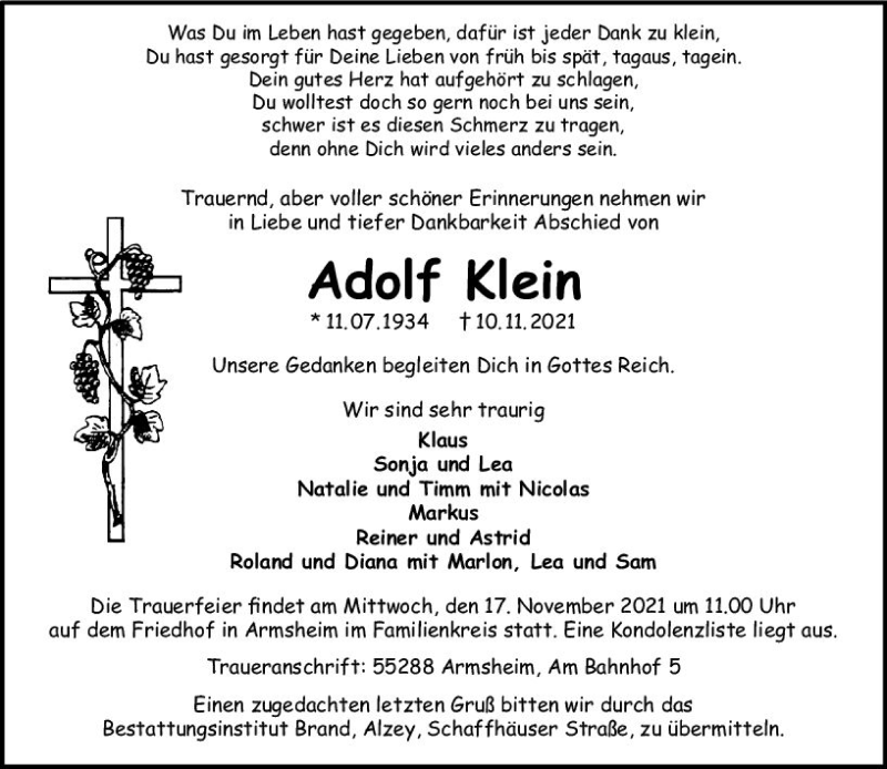  Traueranzeige für Adolf Klein vom 13.11.2021 aus vrm-trauer