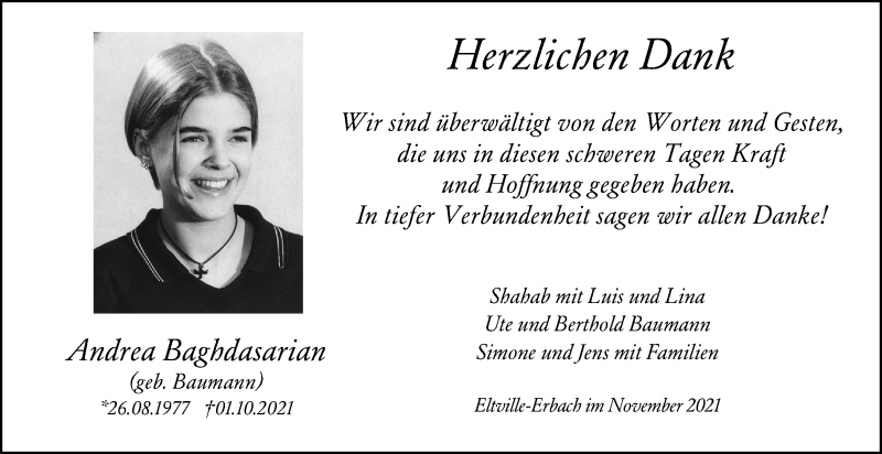  Traueranzeige für Andrea Baghdasarian vom 06.11.2021 aus vrm-trauer