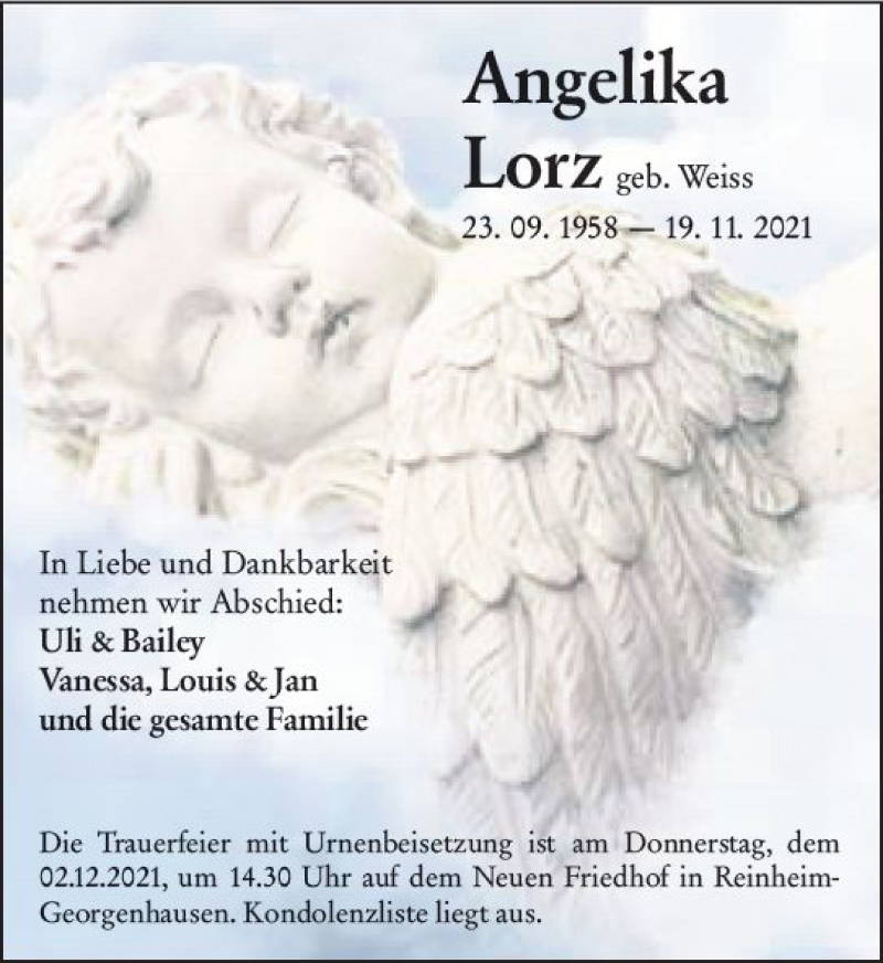  Traueranzeige für Angelika Lorz vom 27.11.2021 aus vrm-trauer