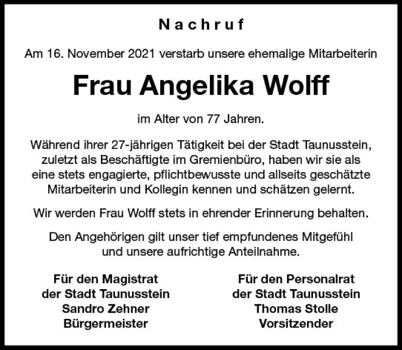  Traueranzeige für Angelika Wolff vom 27.11.2021 aus vrm-trauer