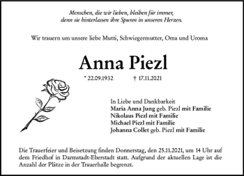 Traueranzeige von Anna Piezi von vrm-trauer