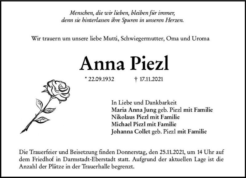  Traueranzeige für Anna Piezi vom 20.11.2021 aus vrm-trauer