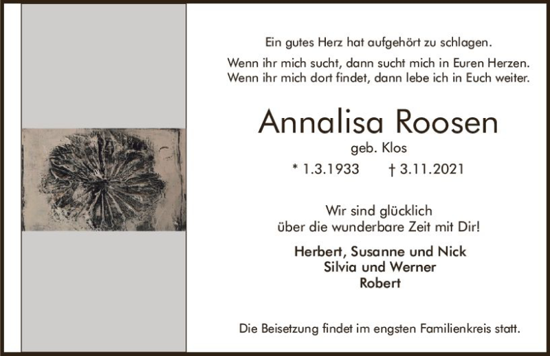  Traueranzeige für Annalisa Roosen vom 13.11.2021 aus vrm-trauer